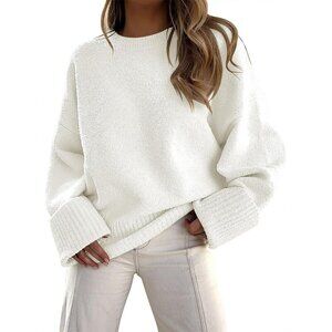 Women's White Oversized Long Sleeve Casual Fuzzy Knit Sweater